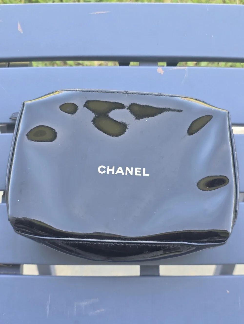 CHANEL Black Patent Cosmetic Makeup Pouch Zip Case Toiletry Bag Travel Beauty